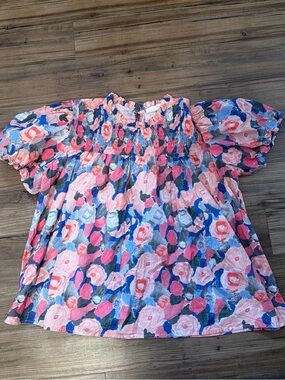 Smocked Floral Short Sleeve Blouse - Pink & Blue